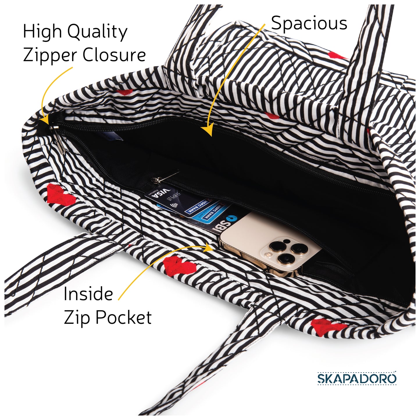 Quilted Zip Tote - Hearts & Stripes