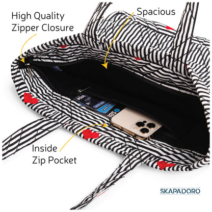 Quilted Zip Tote - Hearts & Stripes